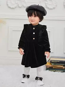 SHEIN Baby Girl Flounce Sleeve Ruffle Trim Velvet Dress - Black - View 1