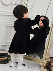 SHEIN Baby Girl Flounce Sleeve Ruffle Trim Velvet Dress - Black - View 2