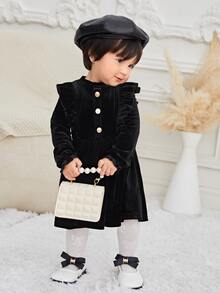 SHEIN Baby Girl Flounce Sleeve Ruffle Trim Velvet Dress - Black - View 3