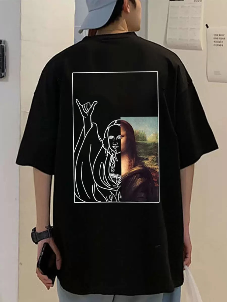 Manfinity Roghcode Men T-Shirts Baggy Crew Neck Short Sleeve Graphic Tee Casual Funny Summer Polyester Meme Print Tee - Black - View 1