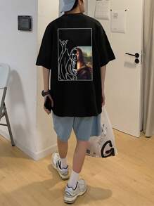 Manfinity Roghcode Men T-Shirts Baggy Crew Neck Short Sleeve Graphic Tee Casual Funny Summer Polyester Meme Print Tee - Black - View 5