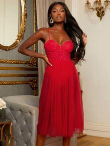 SHEINNeu Vestido de tirantes con diamante de imitación cintura de malla - Rojo - Ver 3