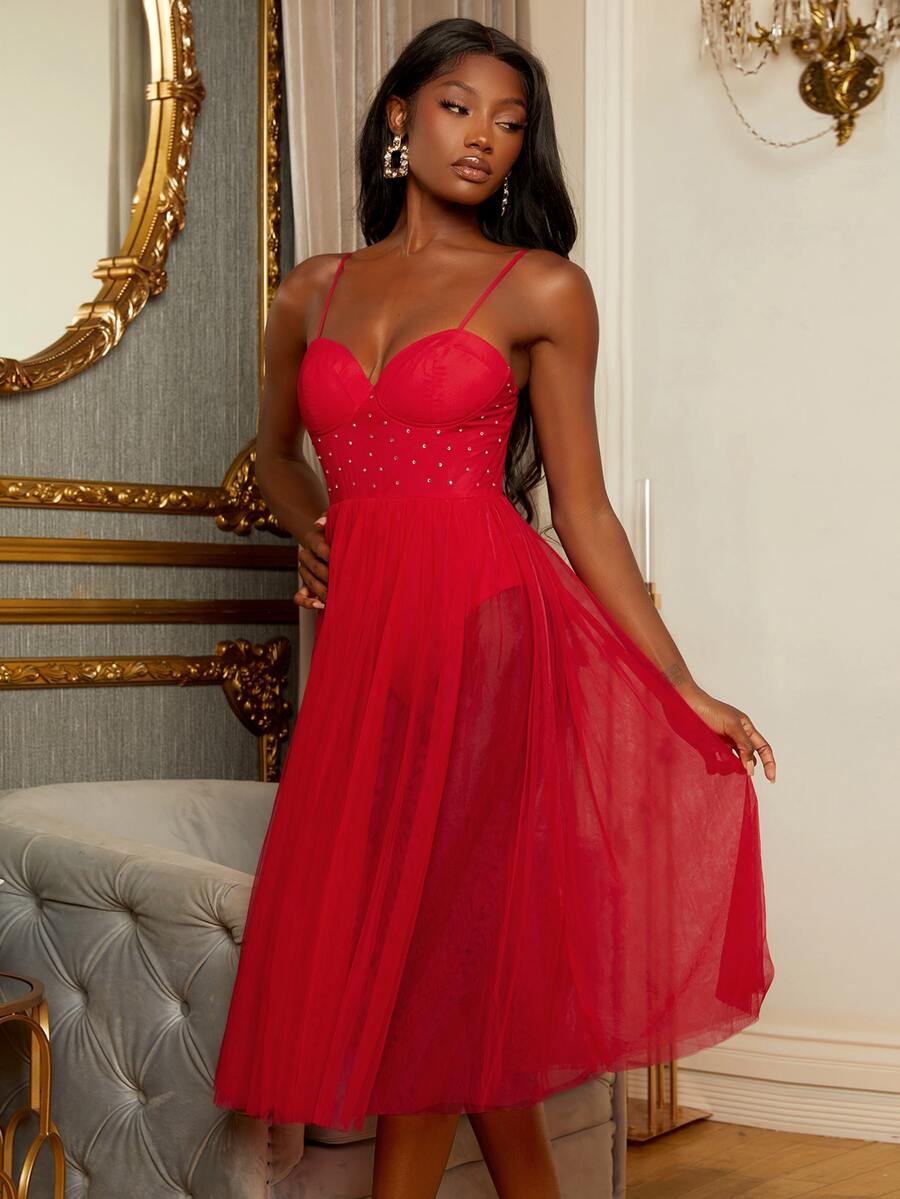 SHEINNeu Vestido de tirantes con diamante de imitación cintura de malla - Rojo - Ver 1