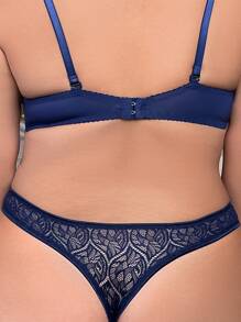 Plus Floral Lace Thong - Navy Blue - View 2