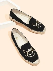 Letter Embroidered Canvas Espadrille Flats - Black - View 1