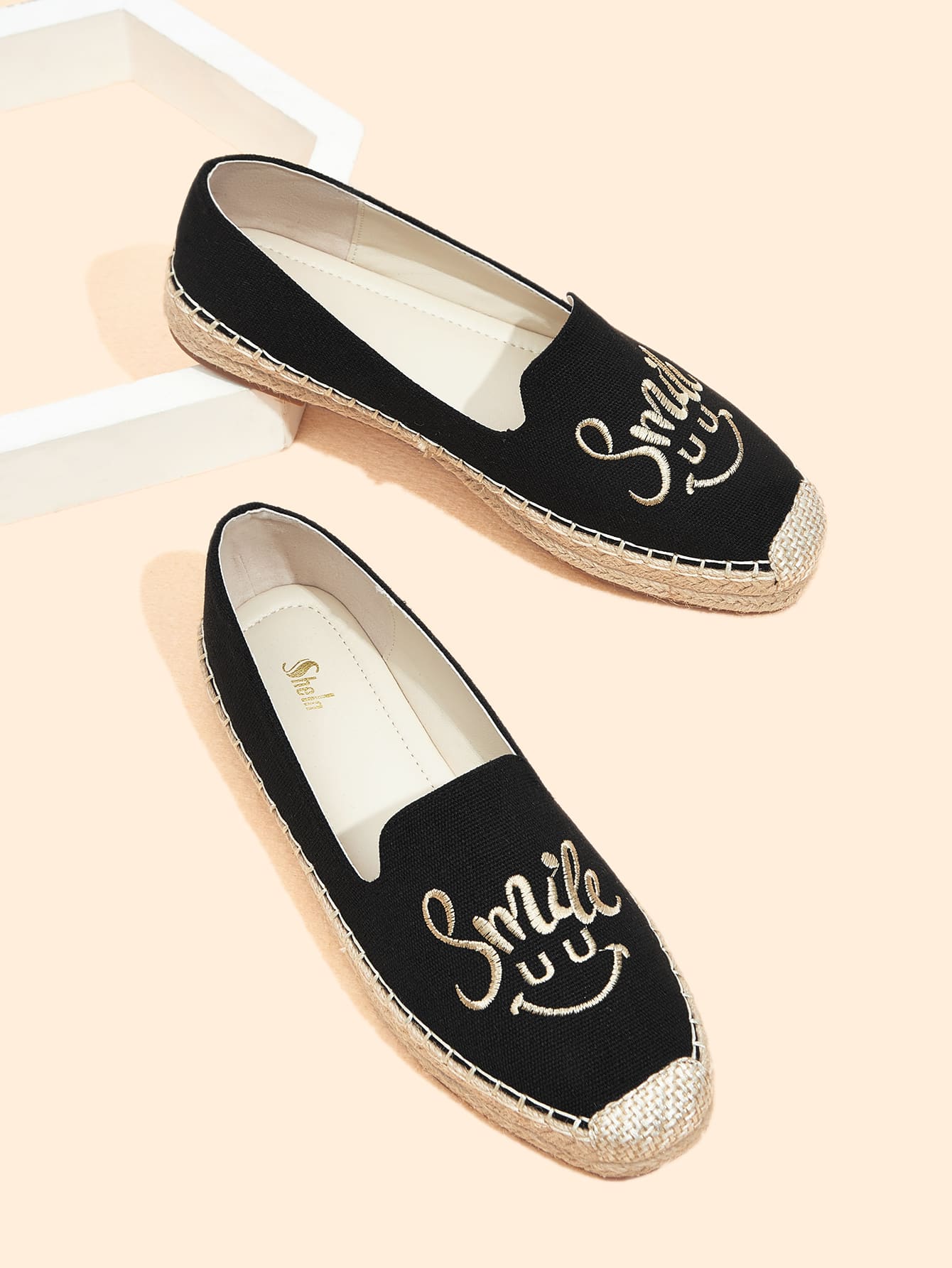 Letter Embroidered Canvas Espadrille Flats - Black - View 1