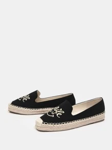 Letter Embroidered Canvas Espadrille Flats - Black - View 3