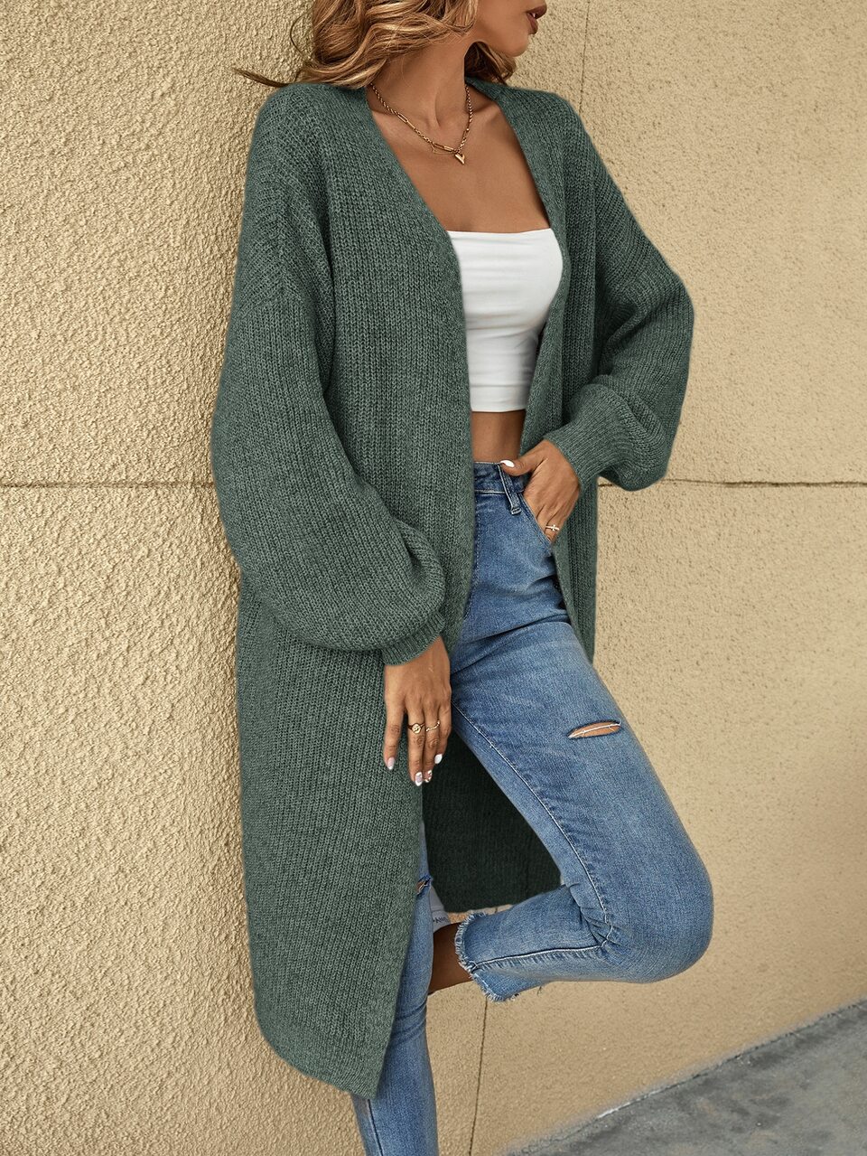 Drop Shoulder Ribbed Knit Duster Cardigan,Long Sleeve Tops In Fall/Winter
