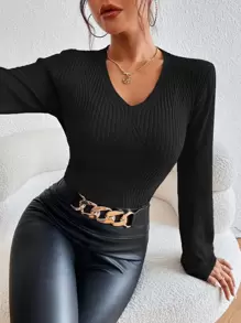 SHEIN Essnce Solid V-neck Ribbed Knit Jumper - Black - View 1