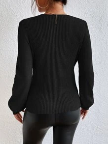 SHEIN Essnce Solid V-neck Ribbed Knit Jumper - Black - View 2