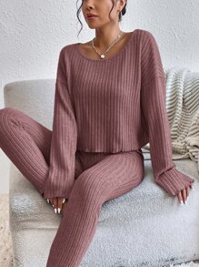 SHEIN Essnce Bộ đồ hai mảnh nữ Gân đan màu trơn Giải trí - Gỗ đỏ - Xem 1