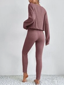 SHEIN Essnce Bộ đồ hai mảnh nữ Gân đan màu trơn Giải trí - Gỗ đỏ - Xem 2