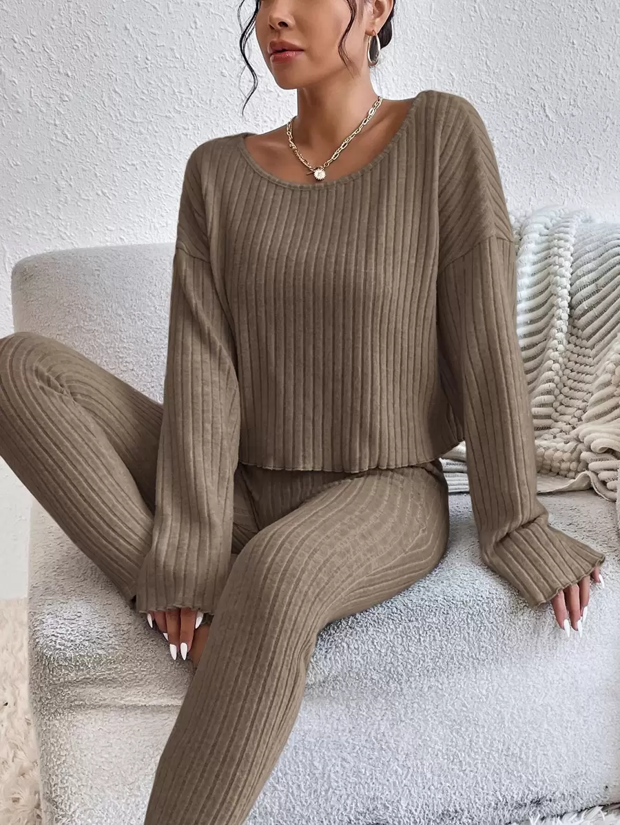 SHEIN Essnce Camiseta de hombros caídos de cuello scoop & Leggings - Café integral - Ver 1