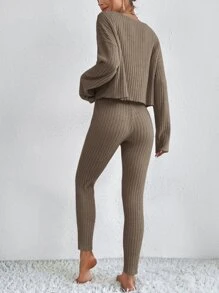 SHEIN Essnce Camiseta de hombros caídos de cuello scoop & Leggings - Café integral - Ver 2