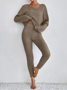 SHEIN Essnce Camiseta de hombros caídos de cuello scoop & Leggings - Café integral - Ver 3