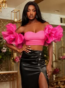 SHEINNeu Áo nữ phân lớp Ruffle phóng đại màu trơn Buổi tiệc - Màu Hồng Tươi - Xem 1