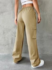 SHEIN EZwear Flap Pocket Drawstring Waist Cargo Trousers - Khaki - View 2