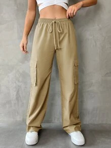 SHEIN EZwear Flap Pocket Drawstring Waist Cargo Trousers - Khaki - View 4