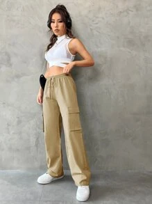 SHEIN EZwear Flap Pocket Drawstring Waist Cargo Trousers - Khaki - View 5