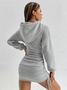 SHEIN PETITE Váy hoodie nhún bèo dây rút vai trễ cho mùa thu/đông - Màu Xám nhạt - Xem 2