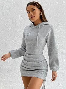 SHEIN PETITE Váy hoodie nhún bèo dây rút vai trễ cho mùa thu/đông - Màu Xám nhạt - Xem 5