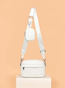 菱形拼接棉被拉鍊肩背袋,女士休閒十字肩方形袋帶向兜,帶有小包菱形拼接小方袋,女士袋子帶有袋