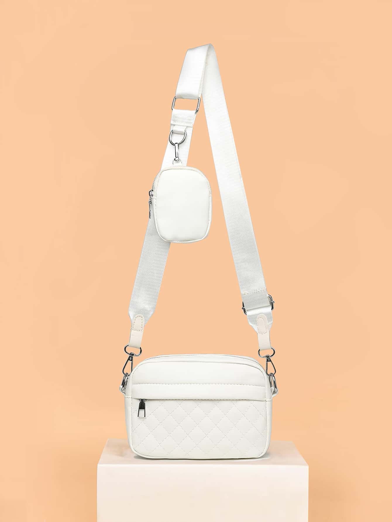 菱形拼接棉被拉鍊肩背袋,女士休閒十字肩方形袋帶向兜,帶有小包菱形拼接小方袋,女士袋子帶有袋