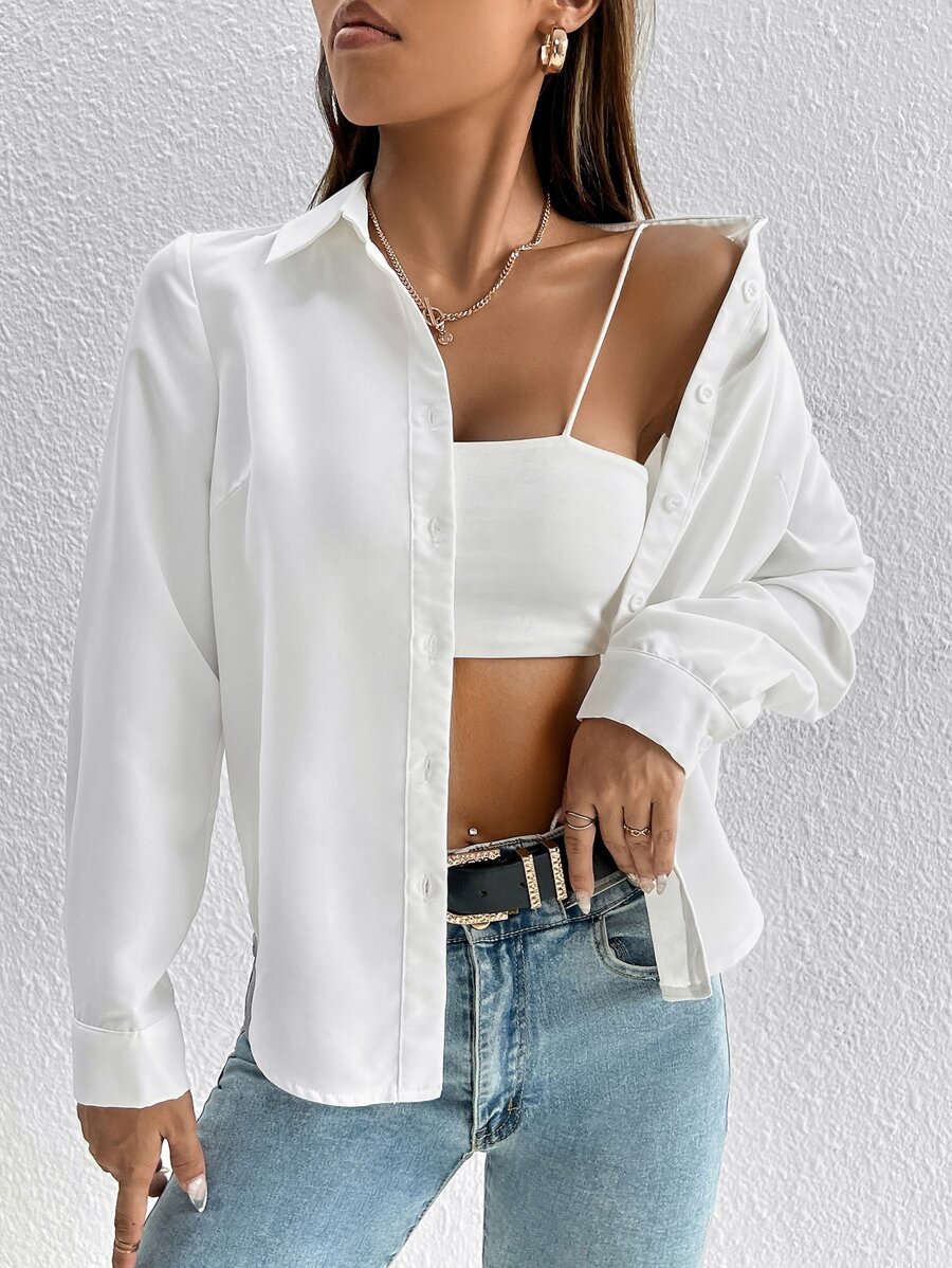 SHEIN PETITE Solid Button Front Shirt,Long Sleeve Tops - White - View 1