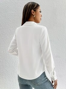 SHEIN PETITE Solid Button Front Shirt,Long Sleeve Tops - White - View 2