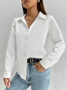 SHEIN PETITE Solid Button Front Shirt,Long Sleeve Tops - White - View 5