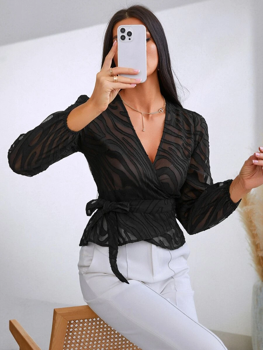 SHEIN Privé Puff Sleeve Wrap Knot Side Mesh Blouse - Black - View 1