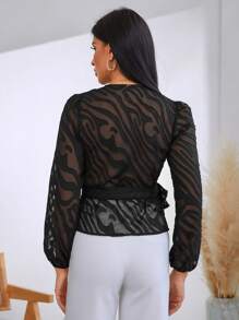 SHEIN Privé Puff Sleeve Wrap Knot Side Mesh Blouse - Black - View 2