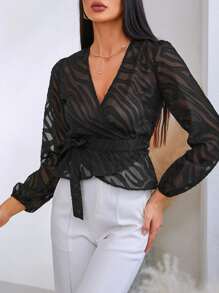 SHEIN Privé Puff Sleeve Wrap Knot Side Mesh Blouse - Black - View 4