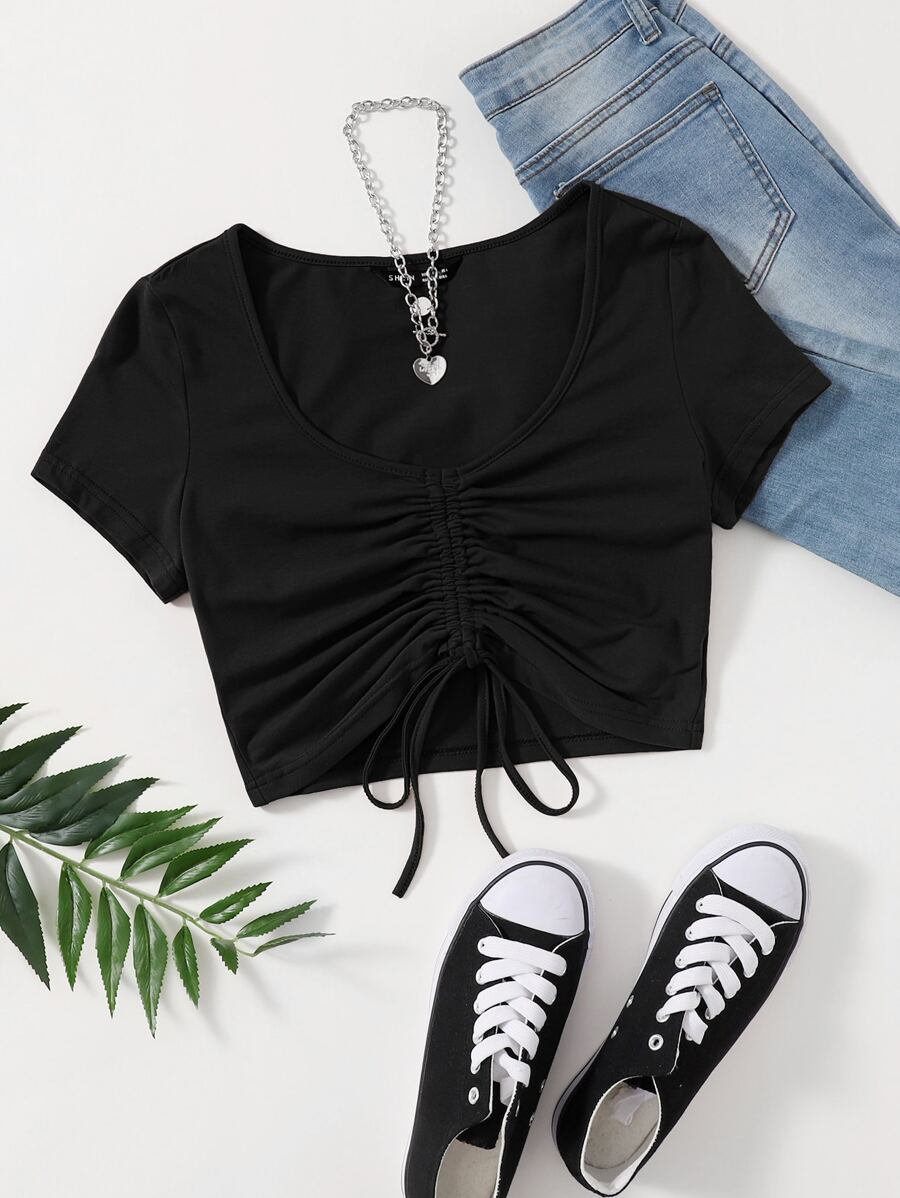 SHEIN EZwear Solid Drawstring Ruched Truncate Summer Short Sleeves Tee