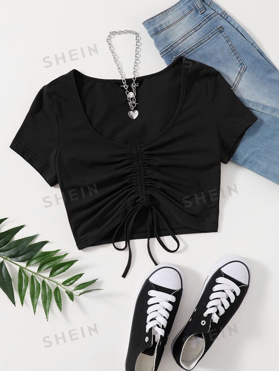 SHEIN EZwear Camiseta de verano de manga corta con cordón, fruncido y tronzado de color sólido - Negro - Ver 1