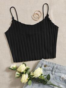 SHEIN EZwear Lettuce Trim Cami Top - Black - View 6
