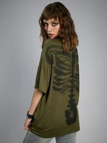 ROMWE Grunge Punk 骷髅印花落肩 T 恤，学校 - 軍綠色 - 查看 2