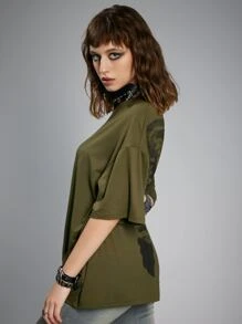 ROMWE Grunge Punk 骷髅印花落肩 T 恤，学校 - 軍綠色 - 查看 5