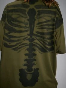 ROMWE Grunge Punk 骷髅印花落肩 T 恤，学校 - 軍綠色 - 查看 3