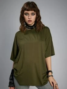 ROMWE Grunge Punk 骷髅印花落肩 T 恤，学校 - 軍綠色 - 查看 4