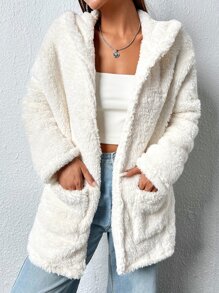 SHEIN EZwear 雙口袋連帽絨毛外套