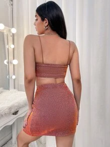 SHEIN BAE 露背短款金屬亮絲吊帶上衣和開衩短裙 - 棕色 - 查看 2