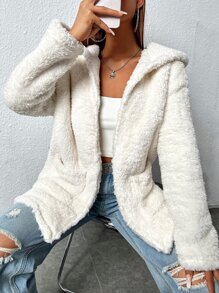 SHEIN EZwear 雙口袋連帽絨毛外套