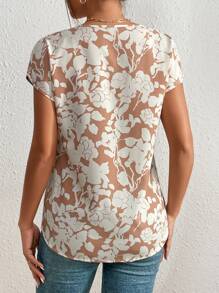 SHEIN LUNE All Over Floral Print V Neck Blouse - Khaki - View 2