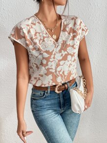 SHEIN LUNE All Over Floral Print V Neck Blouse - Khaki - View 3