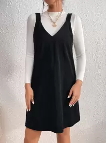 SHEIN Essnce Vestido overol unicolor de pana sin top - Negro - Ver 4
