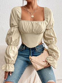 SHEIN Privé Blusa campesina con mangas abullonadas reunidas en el busto y dobladillo asimétrico - Albaricoque - Ver 1