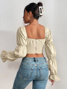 SHEIN Privé Blusa campesina con mangas abullonadas reunidas en el busto y dobladillo asimétrico - Albaricoque - Ver 2