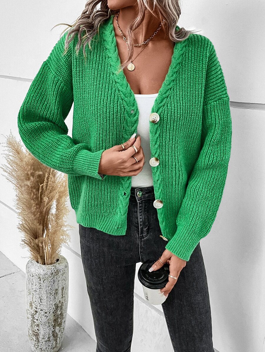 Cable Knit Drop Shoulder Cardigan - Green - View 1