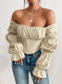 SHEIN Privé Blusa campesina con mangas abullonadas reunidas en el busto y dobladillo asimétrico - Albaricoque - Ver 3